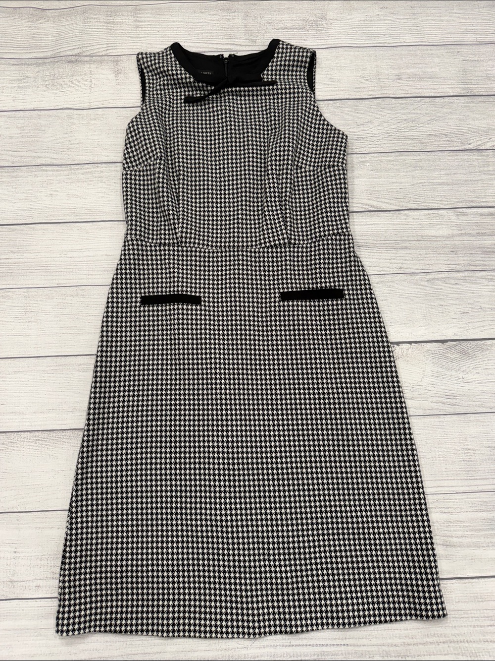 Talbots Houndstooth Sheath Dress Bow Detail Black White Size 6